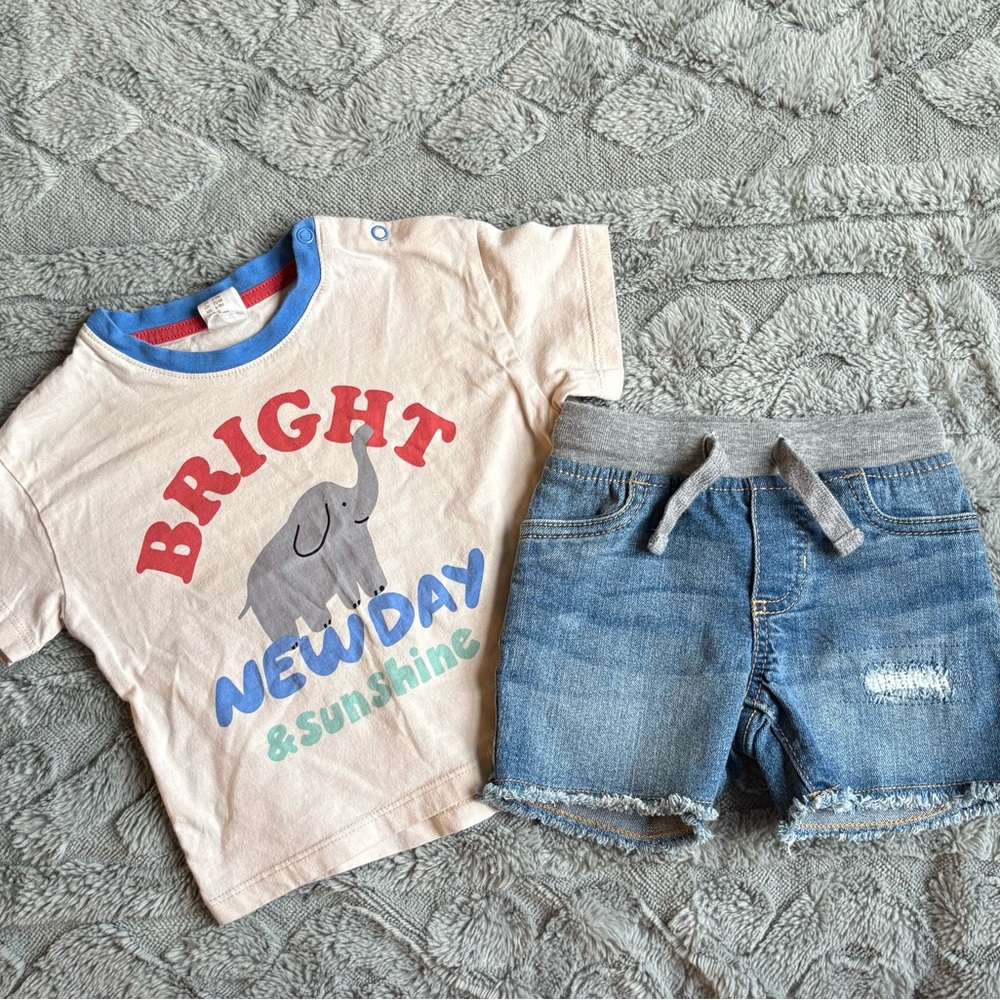 12M Baby Clothing Outfit H&M Elephant 'New Day' Kids Tee + Oshkosh Shorts